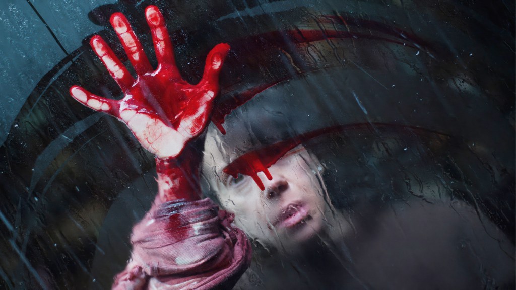 Woman with bloody hand on glass pane.